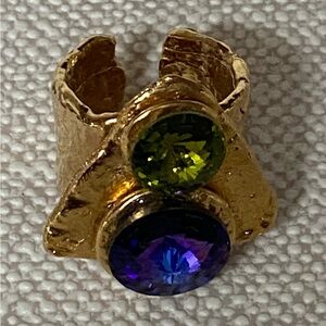 J Jansen Green Purple Crystal Ring Gold Tone Brutalist Size 7.5 Signed